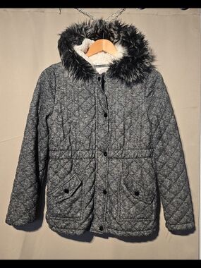 SO Quilted Removable Faux-Fur Trim Hooded Jacket — Black/Gray